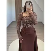 Black Tie Beased Lace Sheath / Column Evening Gown Detachable Overskirt Elegant Dress Formal Wedding Sweep / Brush Train Long Sleeve Square Neck Sequined with