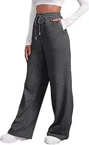 [Generic] Women's Fleece Lined Pants Open Bottom Straight Leg Baggy Sweatpants High Waist Elastic Drawstring Pants with Pockets