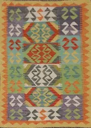 Pakistani Geometric Reversible Kilim Rug 3x5 ft. Wool Hand-Woven Carpet