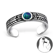 TJS 925 Sterling Silver Toe Ring Textured Tribal Round Peacock Opal Adjustable