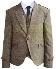 Scottish Khaki Tweed Argyll Kilt Jacket & Waistcoat- Men Argyll Jacket For Sale