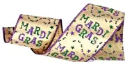 Mardi Gras 2.5" by 2 yd Wired Ribbon Green Purple Gold Glitter on Gold Lame