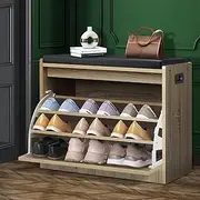 [OIKITURE] Shoe Bench 15 Pairs Shoes Rack with Adjustable Shelves Wooden