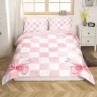 Pink Bowknot Kids Duvet Cover Set Twin Size,Geometric Grid Checkered Patchwor...