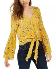 Polly & Esther Junior's Tie Front Bell Sleeve Top Yellow Size Medium