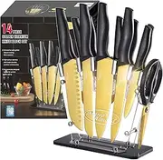 Marco Almond® Gold Knife Set with Block KYA23, 14 Pieces Stainless Steel Chef Cutlery Knives Set for Kitchen with Acrylic Stand