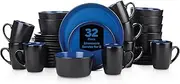 [Stone Lain] 32 Piece Glazed Stoneware Dinnerware Set, Service 8, Blue and Black