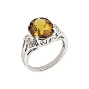 Sterling Silver RH-plated Oval Checker-Cut Whiskey Quartz u0026 Diamond Gemstone Birthstone Ring Fine Jewelry Gift for Her