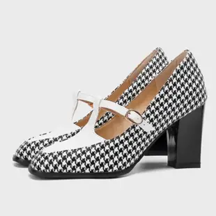 【JP Queen New York】時尚千鳥紋漆皮大小尺碼粗跟女鞋(2色可選)