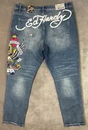 Ed Hardy Denim New York City Eagle Patch Distressed Jeans Men’s Sz 42 MEHD8301-2
