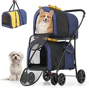 MoNiBloom Double Dog Stroller with Detachable Carrier Bags Large 4 Wheels Foldable Jogger for Small and Medium Dog Cats, Navy Blue/Yellow