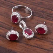 Natural Ruby Ring Earrings Pendant Jewelry Set Matching Women Wedding Gift her