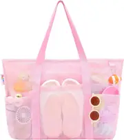 Large Beach Tote Waterproof Sandproof with 8 Pockets for Beach for Vacation Sports Camping Picnic Travel Bag (pink)