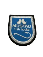 Nos Mustad Fish Hooks Embroidered Fishing Patch Company Logo Black Blue Gear