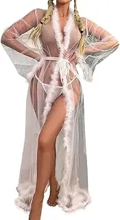 [RGCKle] Tulle Feather Robe Sexy Sheer Mesh Fur Bridal Illusion Boudoir Bathrobe Nightgown Lace Gown Kimono Robe