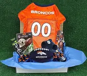 NFL Denver Broncos PET Gift Box with 2 Licensed Dog Toys, 1 Logo-Engraved Natural Dog Treat, 1 NFL Jersey, 1 NFL Puppy Training Bells & 1 Car Seatbelt