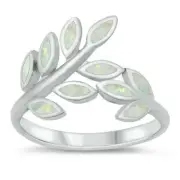 Leaves Ring Solid Sterling Silver 925 White Lab Opal Face Height 14 mm Size 9