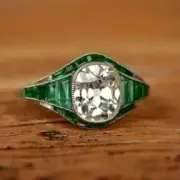 4.00CT Cushion Cut Lab-Created Diamond & Emerald Art Deco Engagement Ring Silver