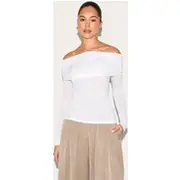White Sheer Soft Touch Fold Over Detail Bardot Long Sleeve Top, White