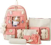 [Generic] Cute Student Backpack Set of 5 Pieces, 17 Inch Beautiful Sports Bag, with Cute Backpack, Shoulder Bag, Pencil Case, Handbag, Small Bag Pink