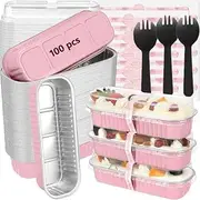100 Pack Mini Loaf Pans with Lids and Spoons Sealing Sticker, 200ml Mini Cake Pans for Baking, Aluminum Foil Loaf Pans, Pink Mini Loaf Baking Pans, Small Cake Containers with Lids