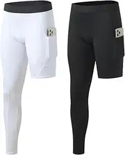 [Blaward] 2 Pack Men's Compression Pants Single Leg Tight Sports Long Pants with Pockets for Basketball Base Layer Leggings