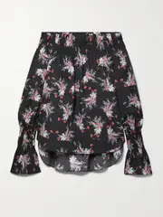 [Adam Lippes] Adam Lippes - Off-the-shoulder Shirred Floral-print Stretch-cotton Poplin Top - Black - small small Black