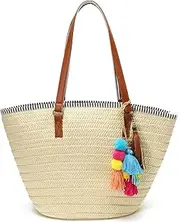 [Caissip] Straw Beach Bags Tote Tassels Bag Hobo Summer Handwoven Shoulder Bags Purse With Pom Poms, Abeige, One Size