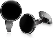 [HONEY BEAR] Round White Sea Shell/Black Onyx Agate Stone Cufflinks - Stainless Steel for Mens Shirt Wedding Business Gift