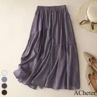 在飛比找momo購物網優惠-【ACheter】雙層棉麻感半身裙文藝顯瘦仙女純色不規則A字