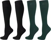 QiFon Compression Socks for Men and Women, 2/4/6 Pairs 20-25mmHg Knee Socks for Sports, Athletics, Edema, Diabetics, Varicose Veins, Travel, Pregnancy, Breastfeeding, 2 Pair-BK+SLV, Small