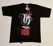Vintage 90s LOONEY TUNES Pepe Le Pew Tshirt LOVE STINKS Black Ripped Size L NWT