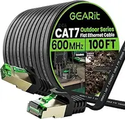 GearIT Cat 7 Outdoor Flat Ethernet Cable (100ft, Black) Direct Burial Rated LLDPE Jacket - Indoor Cat7 Shielded FTP 600MHz 10Gbps High Speed Gaming Computer Network RJ45 Snagless Patch Cord Internet