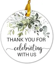 50 Thank You Favor Tags, Thank You for Celebrating with Us Gift Tags for Weddings, Bridal Showers, Birthdays, Parties, Baby Showers, 2-inch Round with 2 Rolls of Ribbon 20M/65.6ft. Greenery