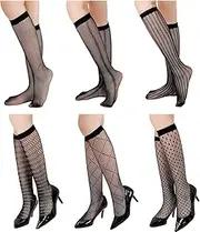 [MESU] Womens Knee High Lace Fishnet Socks Black Hollow Out Straight Leg Socks Dress Socks