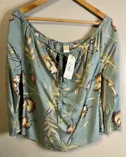 Roxy Blouse Top Casual Floral Green Rayon 3/4 Sleeve Size Small New With Tags