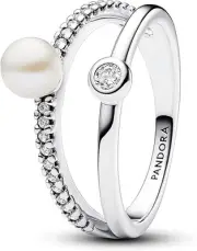 Pandora Treated Freshwater Cultured Pearl & Pave Double Band Ring