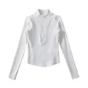 Long-Sleeve Mock Neck Plain Half Zip Panel Top White - M