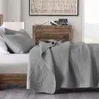 Quilt Set King Size Grey, Classic Geometric Spots Stitched Pattern, Stone-Was...