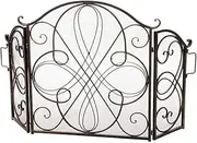 Fireplace Screen Guard, FireplaceProtection Copper Tone Color Fireplace Screen， Terrific Scroll Work Design Fire Screen with 3 Panels， Perfect for Liv