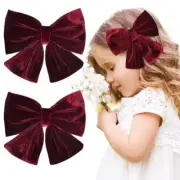 Velvet Hair Bows Girls 6" 2PCS Big Red Wine Fall bow Alligator Clips 2-Red Wine