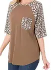 LEOPARD RAGLAN SLEEVE PATCH POCKET TOP - Mocha