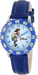 [Disney] Toy Story Kids' Bezel Stainless Steel Time Teacher Analog Leather Strap Watch, White, Children's Watches