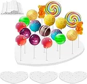 Ruaizel 4 Pack Heart Shaped Lollipop Holder, Acrylic 20 Holes Lollipop Stand, Cake Pop Stand with 100 Sticks, Lollipop Storage Stand Decoration Supplies for Birthday Party Wedding (White)