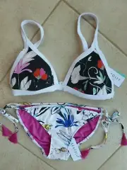Seafolly Bikini AU 14 Flower Festival Black Scuba Tri Top & White Tie Side Pant