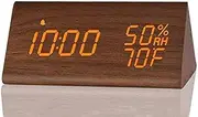Circle-Q Digital Alarm Clock, with Wooden Electronic LED Time Display, 3 Alarm Settings, Humidity & Temperature Detect, Wood Made Electric Clocks for Bedroom, Bedside (Brown)