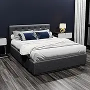 Artiss Double Bed Frame Platform Tufted Headboard Frames Gas Lift Beds Base with Storage Space Bedroom Room Decor Home Furniture, Upholstered with Charcoal Faux Linen Fabric + Foam + Wood
