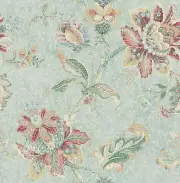 Wallpaper Green Teal Red Gold Jacobean Floral on Green Faux , 56 sq ft / bolt