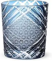 J-Kitchens Retro Kiriko Whiskey Glass Cup, Φ3.1 x H3.5 inches (80 x 90 mm), 9.1 fl oz (280 cc), Small Window Pattern, Ink Blue, Current Model