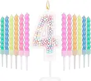 Macaron Number Birthday Candles, Sweet Number Candles with 12pcs Rainbow Spiral Candles Candy Color Cake Topper Candle for Anniversary Party Wedding Boys Girls (4)